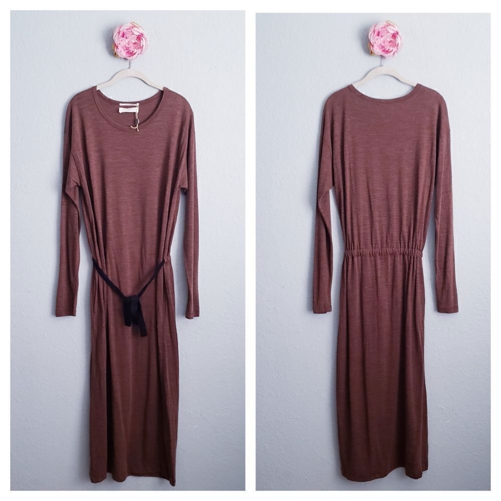 Pomandere Linen Wool Blend Brown Long Sleeve Dress - Picture 1 of 8